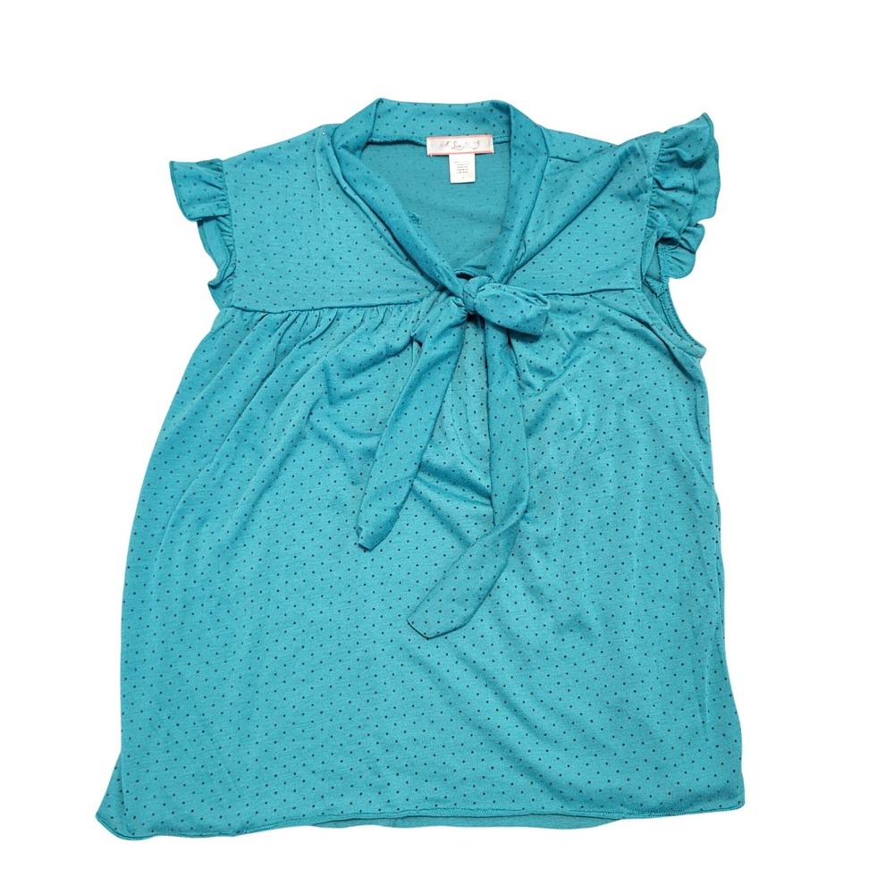 Lux Y2K Teal Blue Polka Dot Bow Neck Tie Ruffle‎ Sleeve Top Small Office Retro